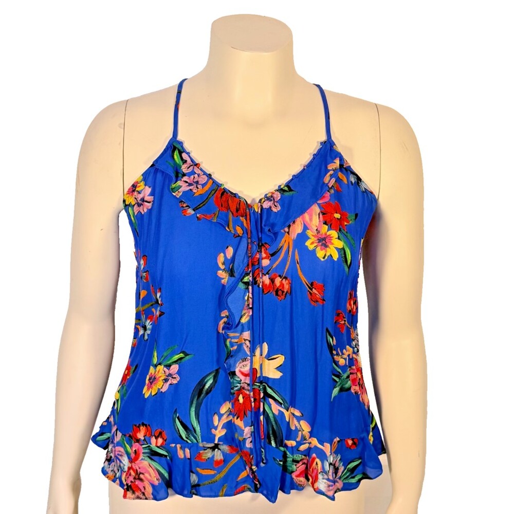Parker Strappy Tank Top Women's M Blue Red Ruffle Front Floral Chiffon